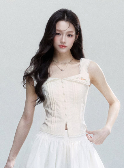 Embroidered Collar Button-Up Corset Top