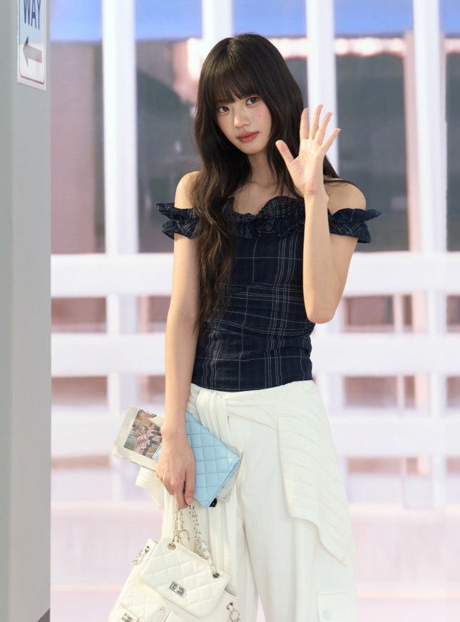 Ruffle Off-Shoulder Plaid Top