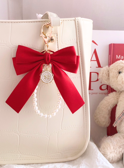 Wine Red Bow & Pearl Bag Charm