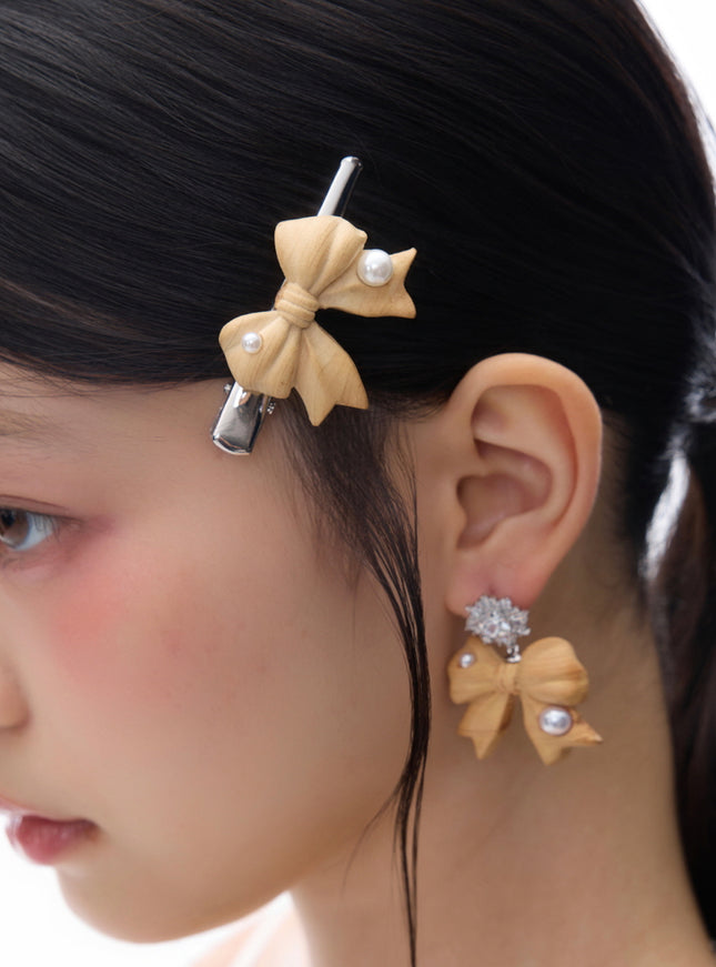 Wooden Bow Pearl Drop Earrings