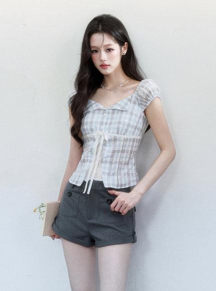 Plaid Puff Sleeve Corset Top