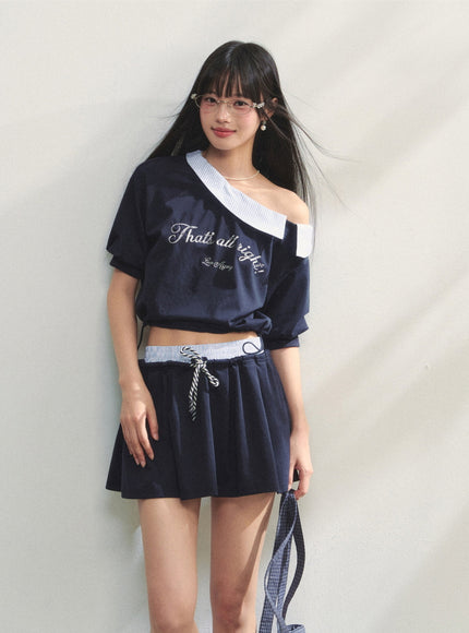 Striped Embroidered Top & Skirts Two-Piece Set - Navy