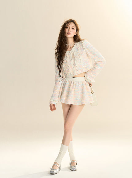 Pastel Tweed Ruffle Two-Piece Set