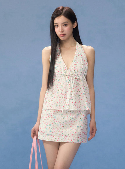 Floral Halter Neck Peplum Top