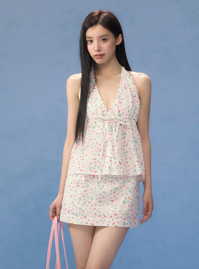 Floral Halter Neck Peplum Top