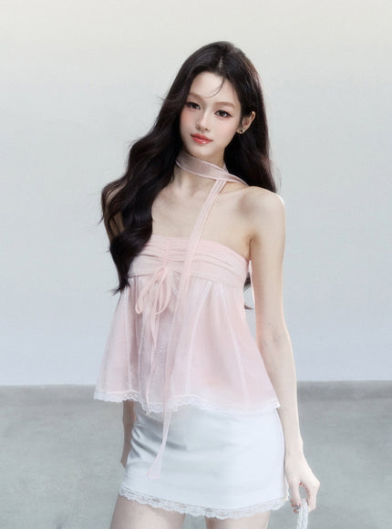 Sheer Ribbon Tie Strapless Blouse