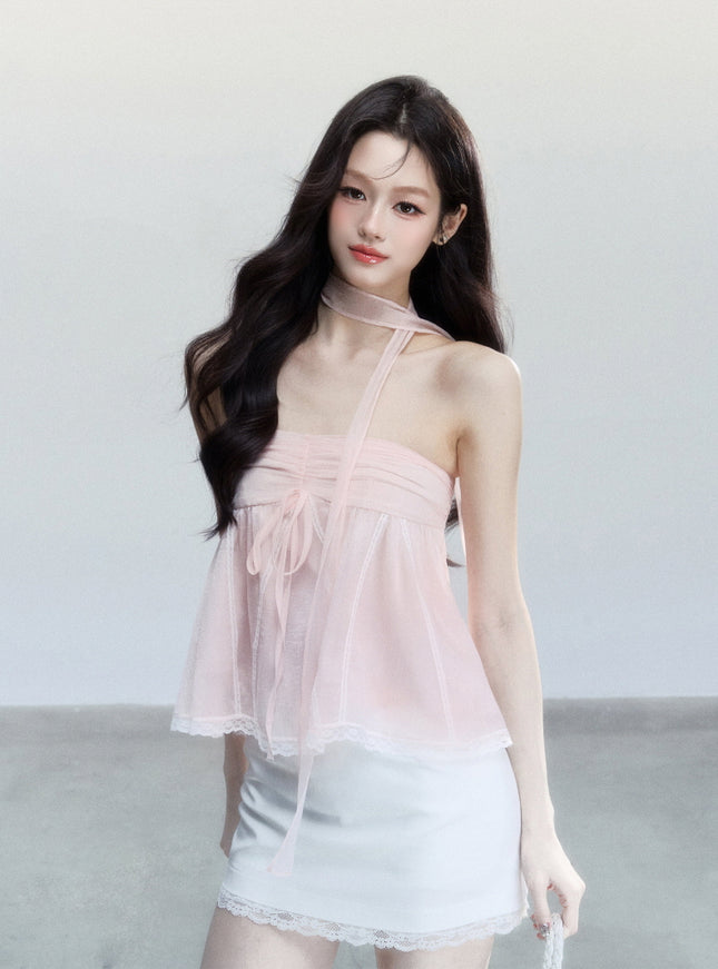 Sheer Ribbon Tie Strapless Blouse
