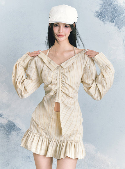 Striped Blouse & Ruffle Mini Skirt Set