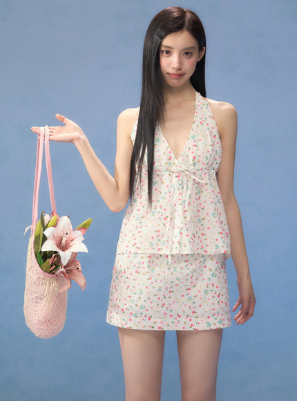 Floral Halter Neck Peplum Top