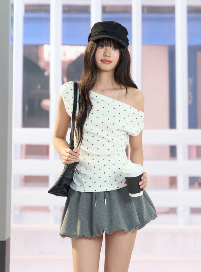 Asymmetric Polka Dot Top - White