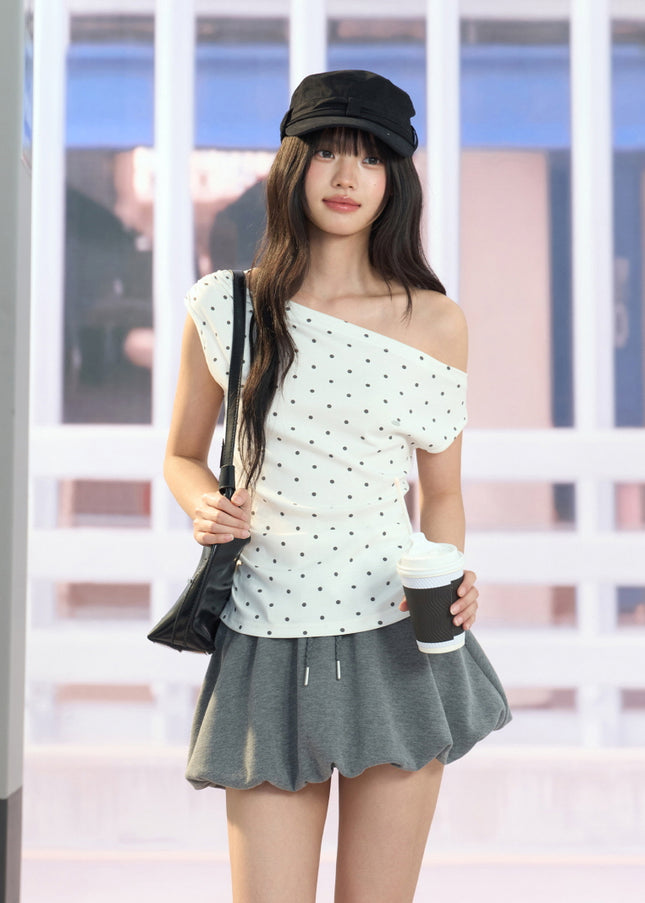 Asymmetric Polka Dot Top - White
