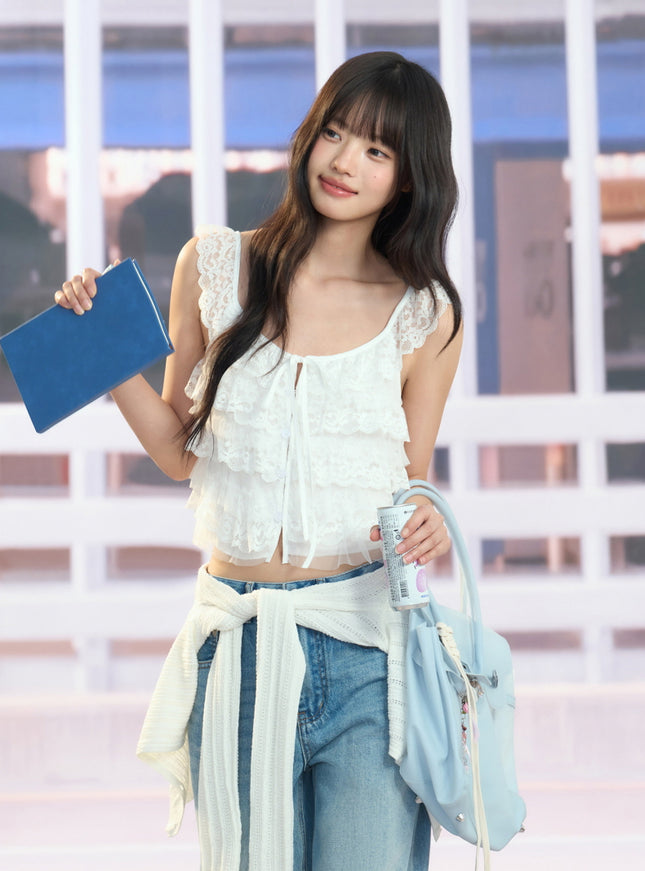 Lace Trim Tiered Chiffon Top