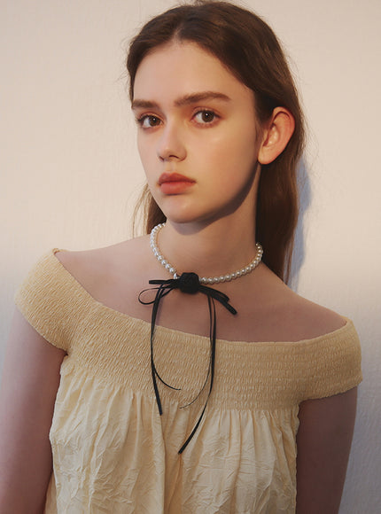 Pearl Rose Ribbon Tie Choker