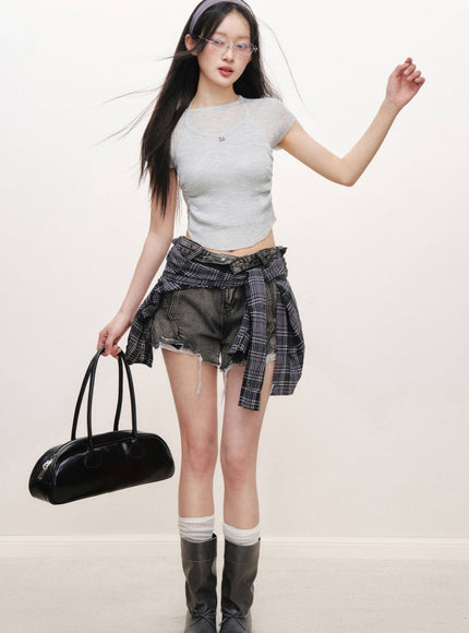 Layered Halter Neck Ribbed Top - Light Grey