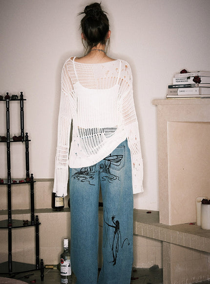 Distressed Open-Knit Sheer Sweater