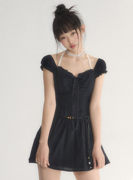 Off-Shoulder Ruched Cotton Mini Dress