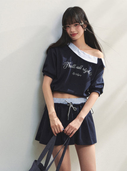 Striped Embroidered Top & Skirts Two-Piece Set - Navy
