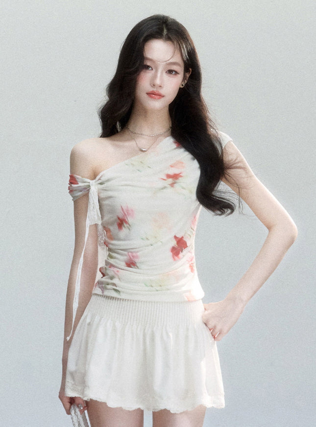 Ruched Floral Asymmetric Top