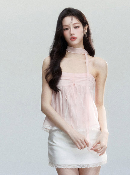 Sheer Ribbon Tie Strapless Blouse