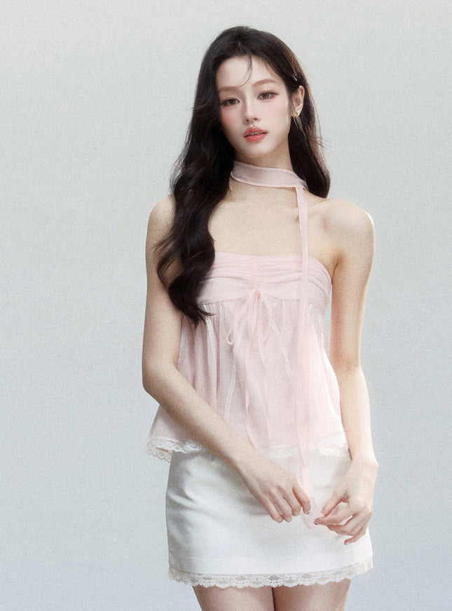 Sheer Ribbon Tie Strapless Blouse