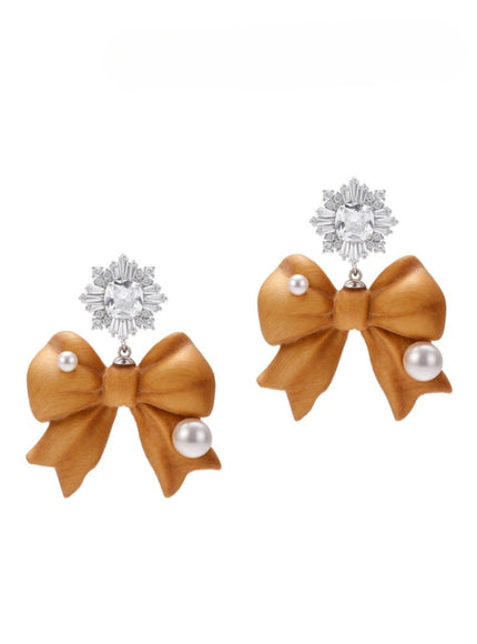 Wooden Bow Pearl Drop Earrings
