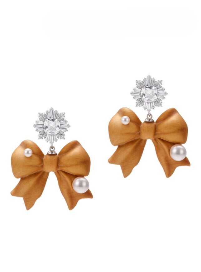 Wooden Bow Pearl Drop Earrings