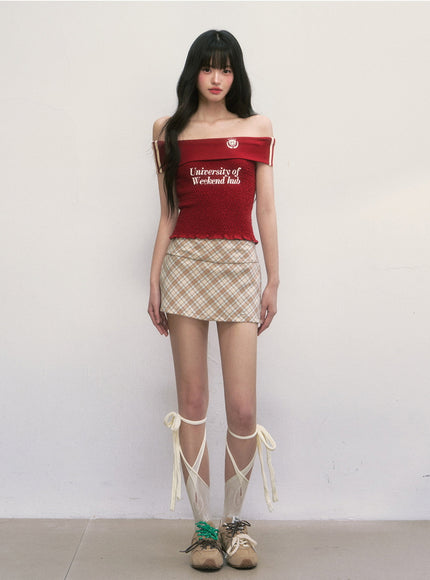 Emblem Off-Shoulder Smocked Top - Red