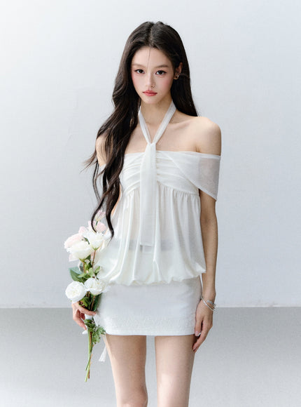 Off-Shoulder Bubble Hem Halter Top