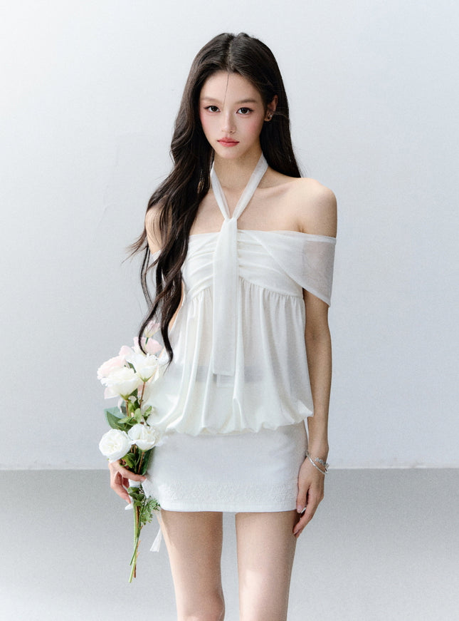 Off-Shoulder Bubble Hem Halter Top