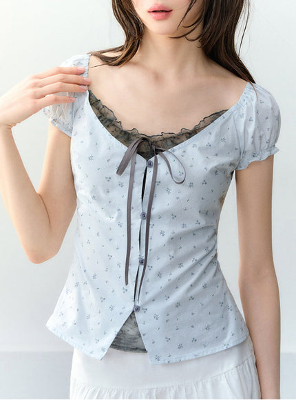 Eyelet Puff Sleeve Ribbon Top - Baby Blue