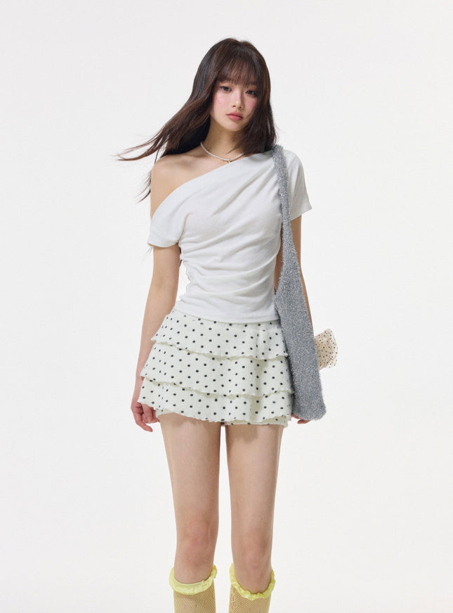 Asymmetrical Off-Shoulder Draped Top - White