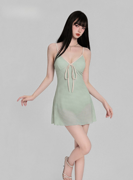 Gingham Ribbon Slip Swimsuit