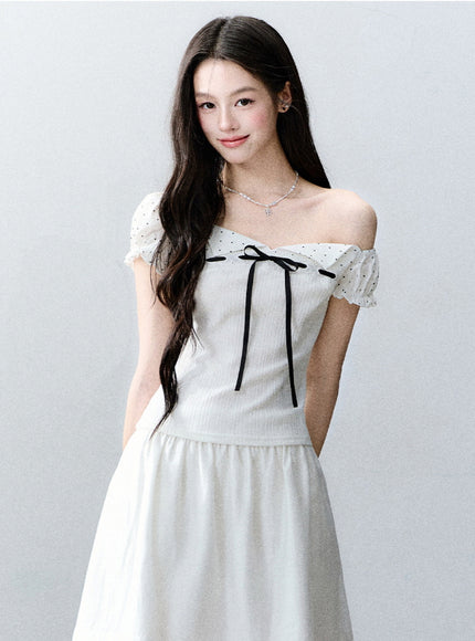 Ribbon Trim Puff Sleeve Top