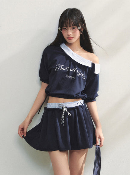 Striped Embroidered Top & Skirts Two-Piece Set - Navy