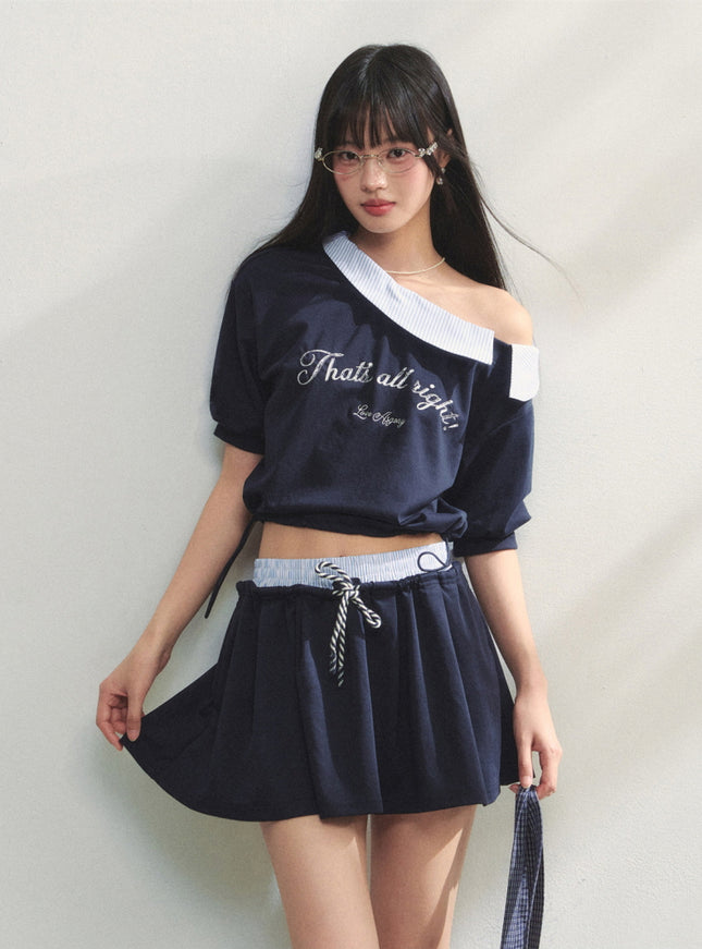 Striped Embroidered Top & Skirts Two-Piece Set - Navy