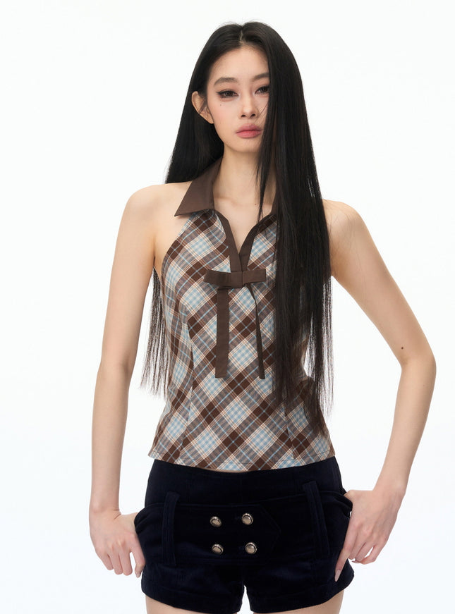 Plaid Ribbon Halter Top