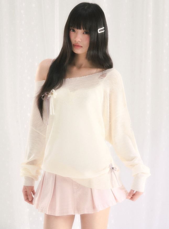 Sheer Ribbon Detail Relaxed Knit Top