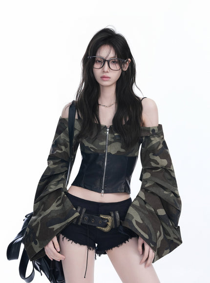 Camo Off-Shoulder Corset Top
