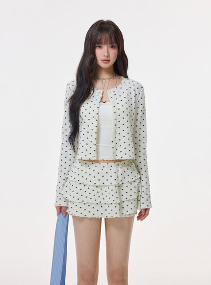 Polka Dot Layered Cardigan Skirt Set