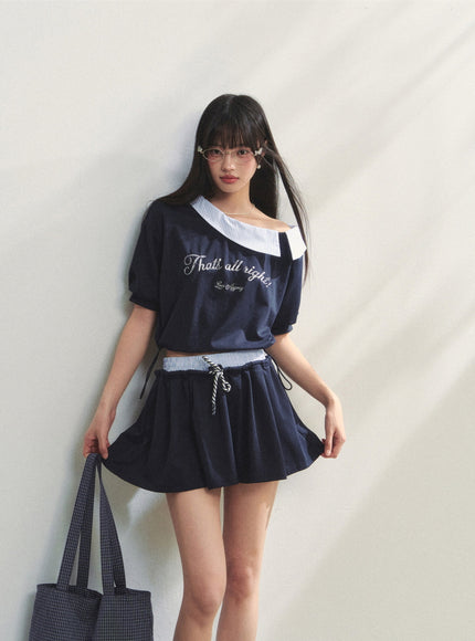 Striped Embroidered Top & Skirts Two-Piece Set - Navy