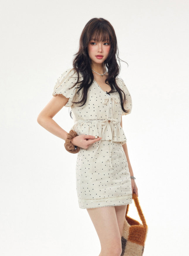 Dotted Linen Puff Sleeve Blouse and Skirt Set