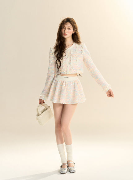 Pastel Tweed Ruffle Two-Piece Set