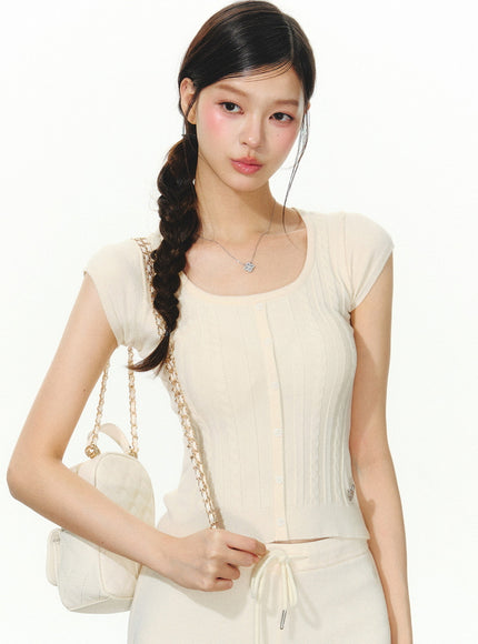 Slim Fit Button Knit Cap Sleeve Top