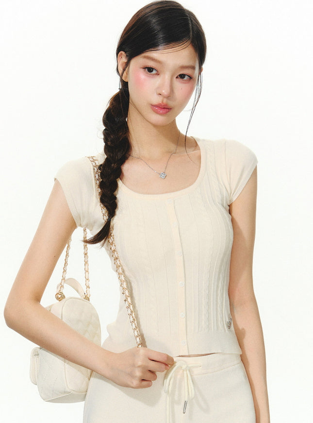 Slim Fit Button Knit Cap Sleeve Top