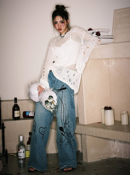 Distressed Open-Knit Sheer Sweater