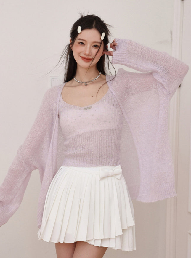 Soft Lilac Sheer Knit Cardigan Set