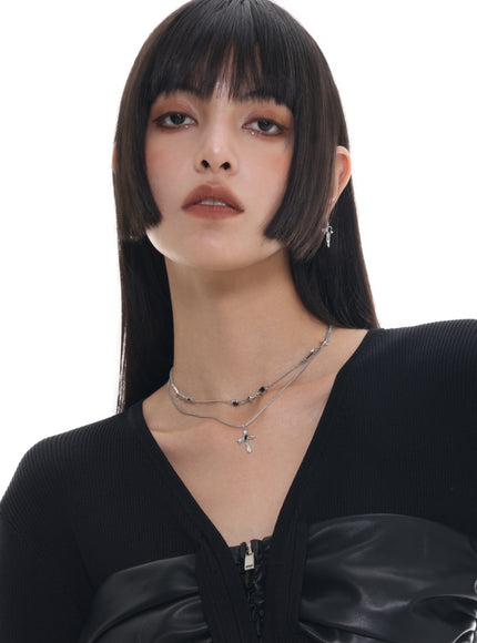 Layered Cross Charm Chain Necklace