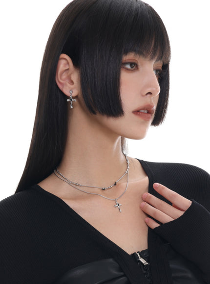Layered Cross Charm Chain Necklace