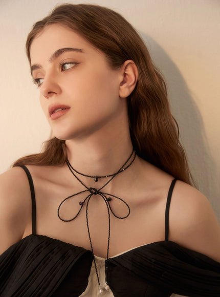Beaded Ribbon Tie Lariat Necklace