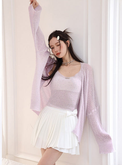 Soft Lilac Sheer Knit Cardigan Set